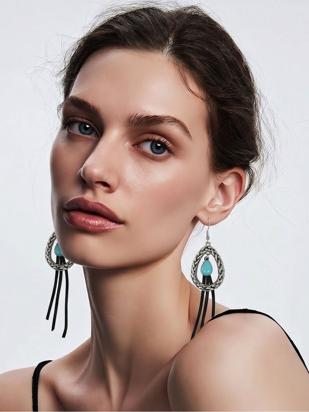 JUSTIN | WESTERN Silver and Turquoise Dangle Teardrop Suede Fringe Earrings NEW!